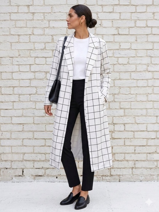 MELLODAY Jackets & Blazers - MELLODAY Black & Off White Plaid Long Trench Style Blazer